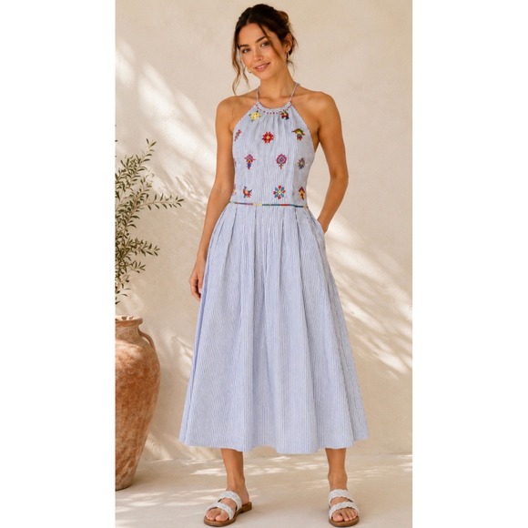 Derhy Dresses & Skirts - NWT Derhy Paris 100% Cotton Embroidered Halter Midi Dress M Open Back Boho